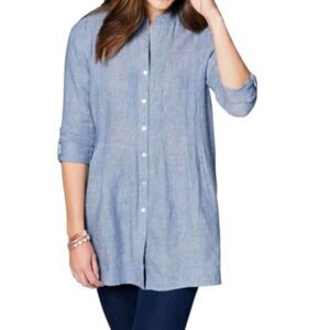 J.Jill 100% Linen Pintuck Tunic Top Button Front Roll-Tab Sleeve Blue Love Linen